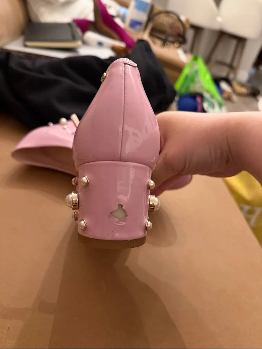 kate spade Pink Patent Mary Jane Heels with Pearl-Embellished Block Heel **poor